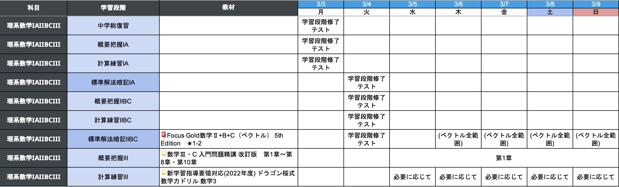 週間計画表